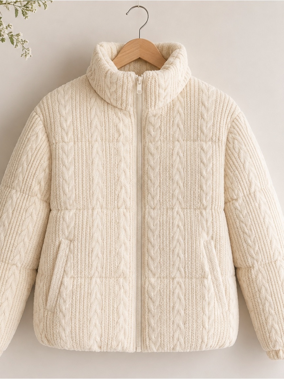 Cream Cable-Knit Puffer Jacket